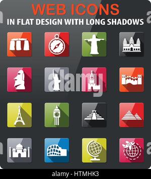 travel and wonders icons set in flat design with long shadow Stock Vector