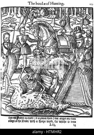 Elizabeth I (1533-1603) on the hunting field alights to perform the ceremony of assaying the stag, and is handed the knife by the huntsman. From George Turbevile or Turbeville 'The Noble Art of Venerie' 1576. Woodcut Stock Photo