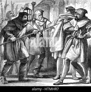 William Shakespeare 'Much Ado About Nothing', play first performed c1598. Dogberry and Verges, local constables of the watch, with the night-watchmen, confronting Conrade and Borachio. Illustration by Henry C Selous (1811-90) showing watch men with their Stock Photo