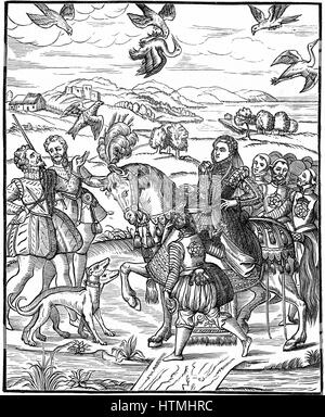 Elizabeth I (1533-1603) Queen of England and Ireland from 1558. Elizabeth and her attendants out hawking. Queen rides side-saddle, on left man has just released his hawk, while top centre a hawk is bringing down a bird. Woodcut from George Turbevile or Turbeville 'Booke of Faulconrie' 1575 Stock Photo