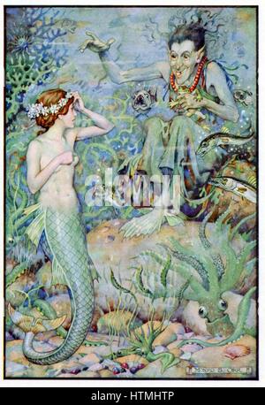 The Little Mermaid visiting the undersea witch for spell to help win love of prince she rescued from shipwreck. Hans Christian Andersen fairy story illustrated by Monro S Orr (b1874) Stock Photo
