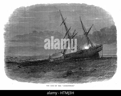 Loss of iron paddle-steamer troop ship 'Birkenhead' off Simon's Bay South Africa 26 February 1852. Commanding officer, Colonel Seton, gave the order Women and children first. Men stood on deck awaiting their fate. Of 638 on board 184 were saved by the Stock Photo