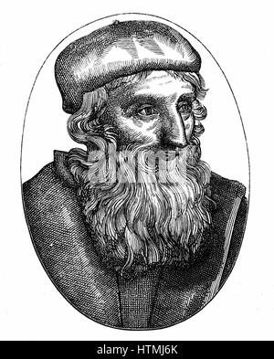 John Wycliffe (c1329-1384) English religious reformer. Leader of the Lollards (Mumblers). Questioned doctrine of transubstantiation. Organised translation of Bible into English. Precursor of Protestant Reformation. 16th century woodcut. Stock Photo