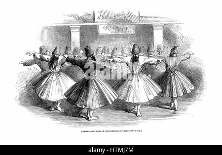 Dervishes, members of Muslim religious order founded in the 12th century, dancing and performing ritual of 'remembering' god in self-induced ecstatic trance. Constantinople. Wood engraving 1853. Stock Photo