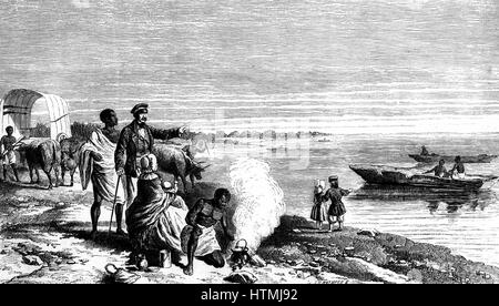 David Livingstone (1813-1873) Scottish missionary and African explorer, with members of his expedition and his wife and family discovering Lake Ngami, Botswana on l August 1849. Engraving after drawing made on the spot by Alfred Ryder. From 'Missionary T Stock Photo