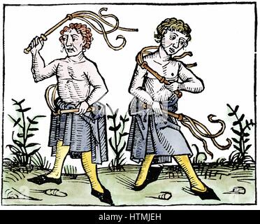 Flagellants. At time of Black Death in Europe, sect went through streets scourging themselves in attempt to take sins of population on themselves and save them from God's wrath manifested in form of plague. Woodcut 1493 Stock Photo