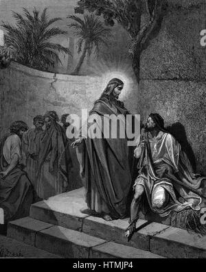 Christ healing the man sick of the palsy. Matthew 9. From Gustave Dore's illustrated 'Bible' 1866. Wood engraving Stock Photo
