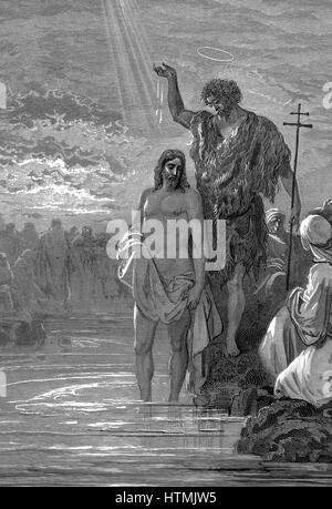 John the Baptist, wearing an animal skin, shown baptising Jesus. Bible: Matthew III.15. Illustration by Gustave Dore, 1865-6. Wood engraving Stock Photo