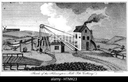 Harrington Pit Mill Colliery. Early 19th century pit head, showing ...