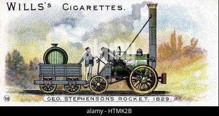 Stephenson's locomotive 'Rocket' which won competition at Rainhill Bridge, Manchester for locomotive to be used on Liverpool & Manchester Railway, 14 October 1829. Chromolithograph 1900 Stock Photo