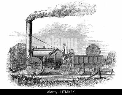 Stephenson's locomotive 'Rocket' which won competition at Rainhill Bridge, Manchester for locomotive to be used on Liverpool & Manchester Railway, 14 October 1829. From Samuel Smiles 'The Story of the Life of George Stephenson' London 1859. Woodcut Stock Photo