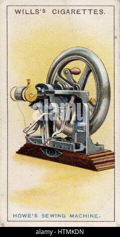 First lockstitch sewing machine, patented by Elias Howe (1819-1867), American inventor in 1845. From card published 1915. Chromolithograph Stock Photo