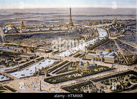 Bird's-eye view of the Paris Expositon of 1900, Eiffel Tower in the background. Chromolithograph Stock Photo