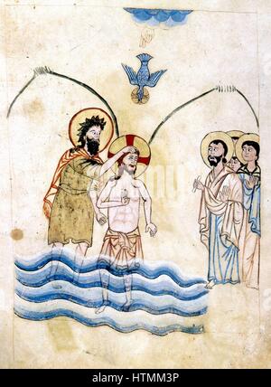 Baptism of Jesus by St John the Baptist. After Armenian Evangelistery (1319-20). Calligraphy and painting by Vardan Stock Photo