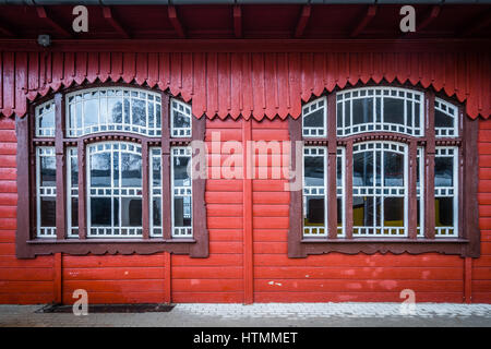 Windows and wooden building facade of the old train station building in Szklarska Poreba, Poland Stock Photo