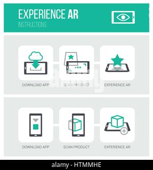 Augmented reality, how it works and step by step procedure: app download, product scan and ar experience, icons set Stock Vector
