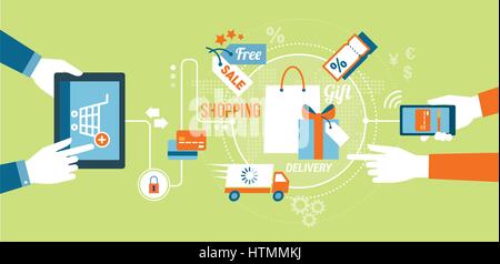 Online shopping and technology concept: users buying products and gifts online using a tablet and a smartphone Stock Vector