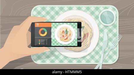 Hand holding a smartphone, viewing a dish with food and using a dieting and cooking app, augmented reality concept Stock Vector