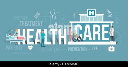 Doctors working at the hospital and patients being assisted by medical professionals: healthcare and clinics concept with words and icons Stock Vector