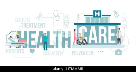 Doctors working at the hospital and patients being assisted by medical professionals: healthcare and clinics concept with words and icons Stock Vector