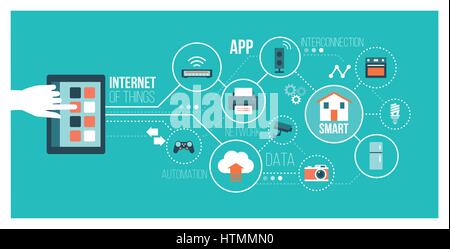 Internet of things and home automation concept: user connecting with a smartphone and interconnecting with everyday objects on a network Stock Vector