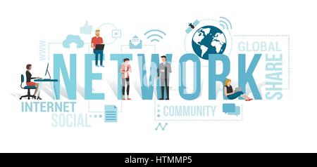 Business people and users connecting to the network using computers and mobile devices: communication technology concept with icons and words Stock Vector