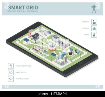 Smart grid network, power supply and renewable resources infographic with isometric buildings on a smartphone Stock Vector