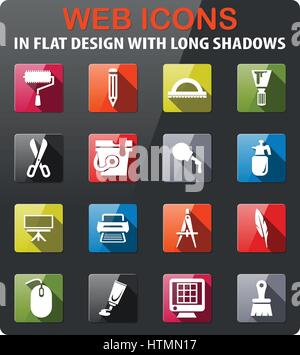 art tools icons set in flat design with long shadow Stock Vector