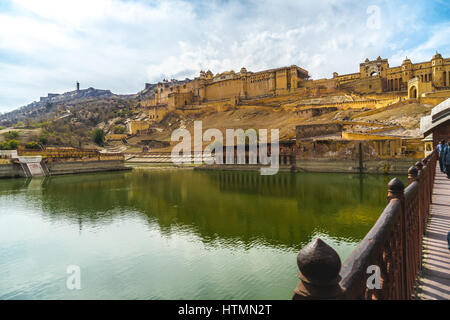 Amer Fort (Hindi: आमेर क़िला or Amber Fort) is located in Amer, near Jaipur Stock Photo