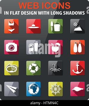 beach icons set in flat design with long shadow Stock Vector