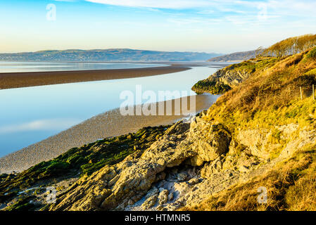 View over Kent Estuary to Grange-over-Sands from Jack Scout near Silverdale Lancashire in the Arnside-Silverdale Area of Outstanding Natural Beauty Stock Photo