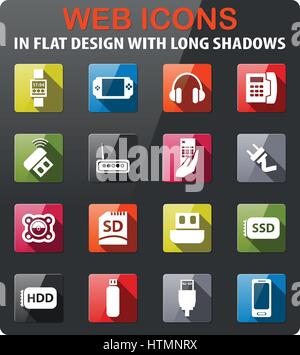 device icons set in flat design with long shadow Stock Vector