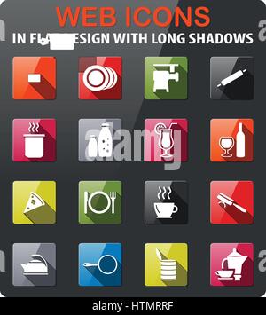 food and kitchen icons set in flat design with long shadow Stock Vector