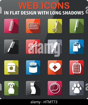 goods for pets icons set in flat design with long shadow Stock Vector