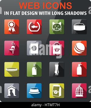 goods for pets icons set in flat design with long shadow Stock Vector