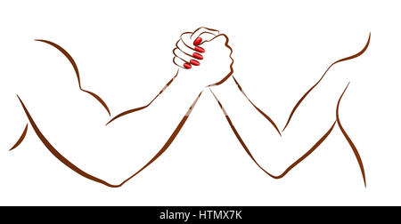 Arm wrestling of man and woman as a symbol for battle of the sexes or gender fight. Isolated illustration on white background. Stock Photo