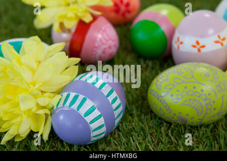 Painted easter eggs with yellow flowers on grass Stock Photo