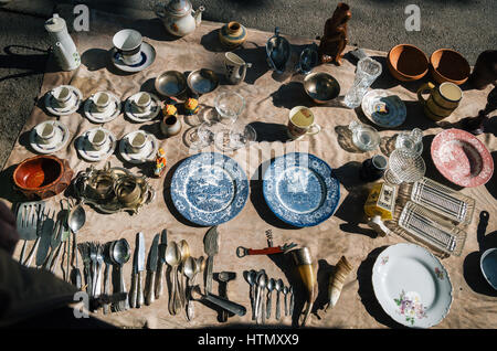 Tbilisi, Georgia - October 15, 2016: Flea market on Dry bridge having a lot of vintage, plates, handmade, souvenirs and retro staff for the customers. Stock Photo