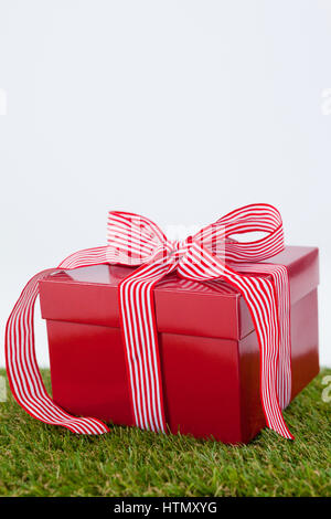 Red gift box on green grass against white background Stock Photo