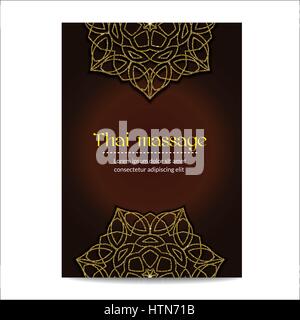Thai massage banner with golden floral mandalas. Traditional decorative ethnic ornament. Design for massage salon, flyer, card, invitation. Realistic  Stock Vector