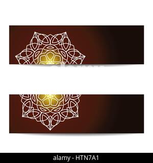 Banners set with shiny floral mandalas. Sacred geometry. Ethnic ornament. Indian traditional decorative elements. Design for yoga studio flyer, card,  Stock Vector