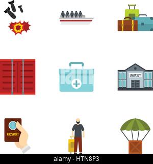 Refugee icons set. Flat illustration of 9 refugee vector icons for web Stock Vector