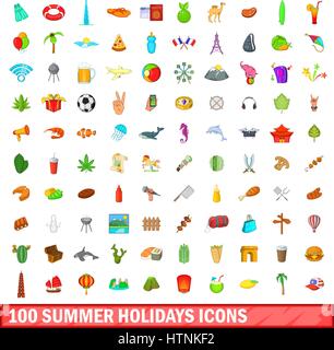 100 summer holidays icons set in cartoon style for any design vector illustration Stock Vector