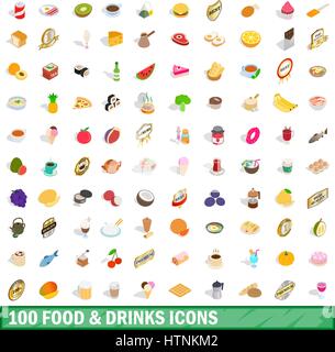 100 food and drinks icons set in isometric 3d style for any design vector illustration Stock Vector