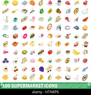 100 supermarket icons set in isometric 3d style for any design vector illustration Stock Vector