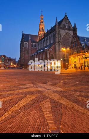 The Grote Markt square and the St. Bavo Church in Haarlem at night. Stock Photo