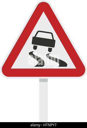Slippery when wet road sign icon, flat style Stock Vector
