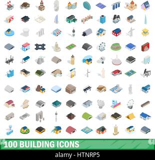 100 building icons set, isometric 3d style Stock Vector