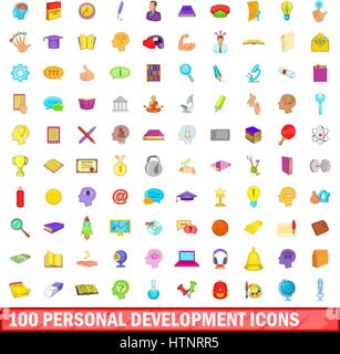 100 personal development icons set, cartoon style Stock Vector