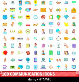 100 communication icons set, cartoon style Stock Vector